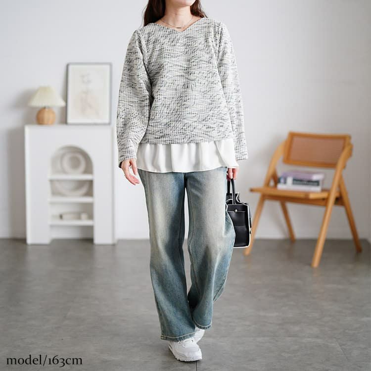 大きいサイズ レディース ツイードフェイクレイヤードプルオーバー