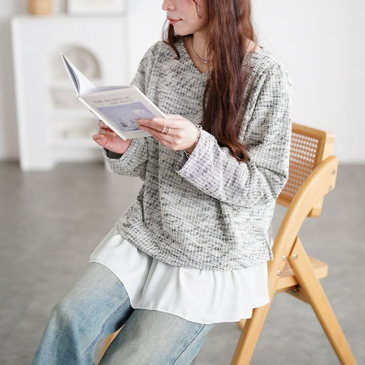 大きいサイズ レディース ツイードフェイクレイヤードプルオーバー