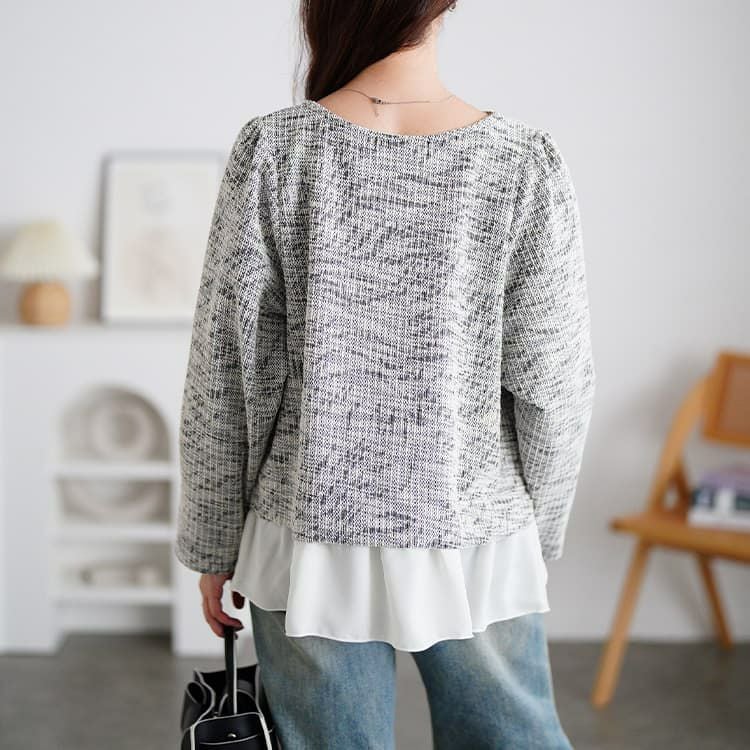 大きいサイズ レディース ツイードフェイクレイヤードプルオーバー