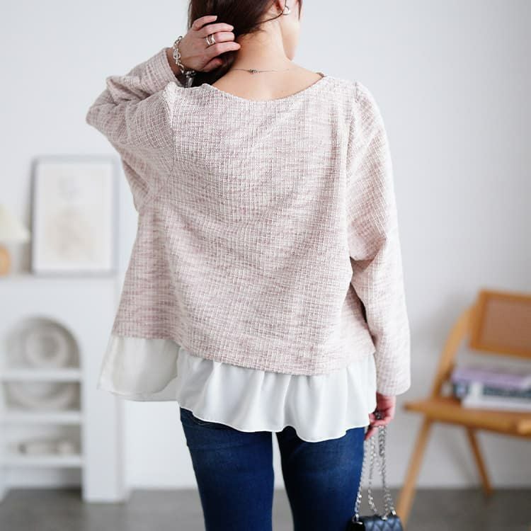 大きいサイズ レディース ツイードフェイクレイヤードプルオーバー