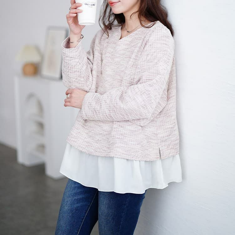 大きいサイズ レディース ツイードフェイクレイヤードプルオーバー