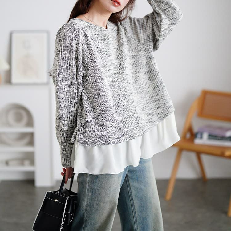 大きいサイズ レディース ツイードフェイクレイヤードプルオーバー ブラック