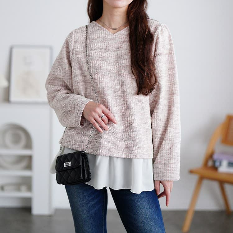 大きいサイズ レディース ツイードフェイクレイヤードプルオーバー ピンク