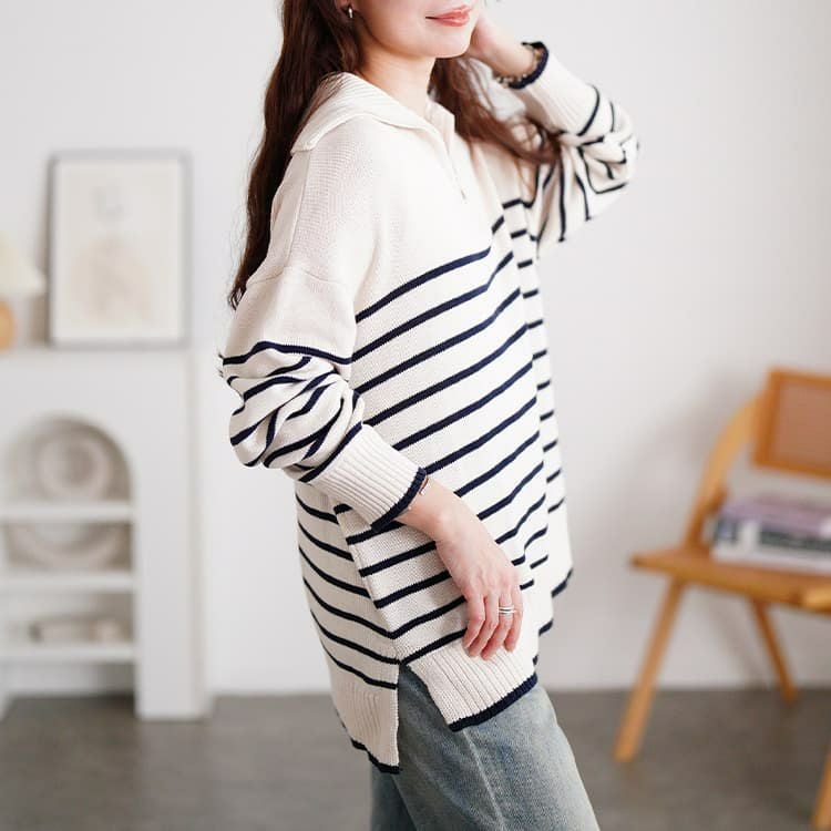 大きいサイズ レディース パネルボーダーハーフZIPニット