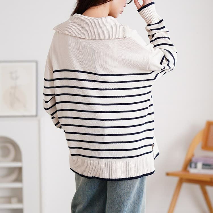 大きいサイズ レディース パネルボーダーハーフZIPニット