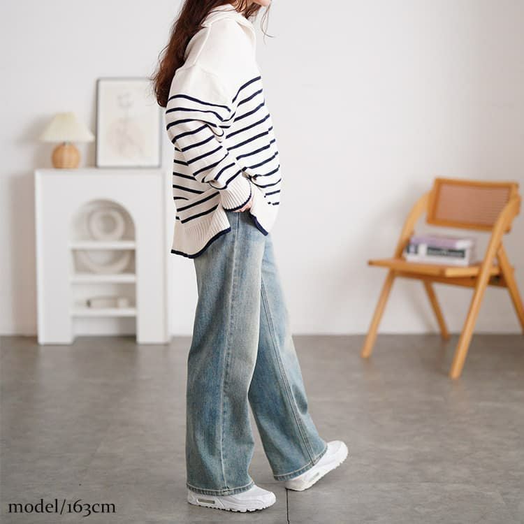 大きいサイズ レディース パネルボーダーハーフZIPニット