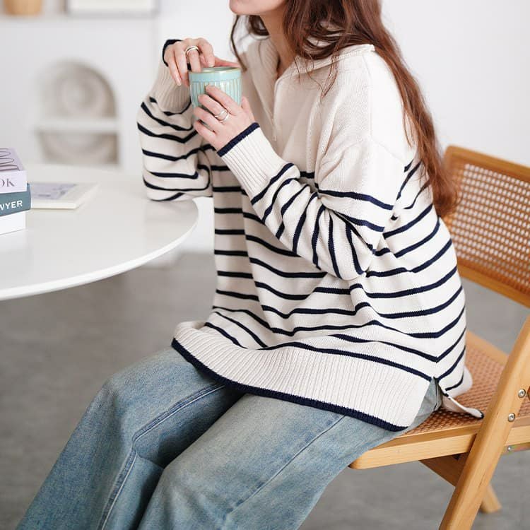 大きいサイズ レディース パネルボーダーハーフZIPニット