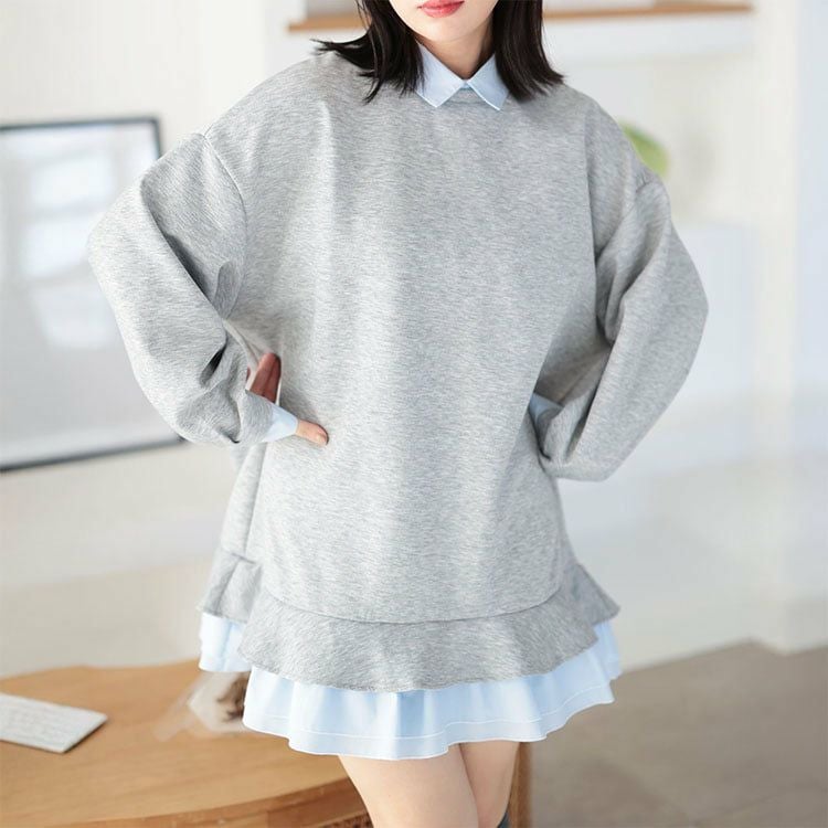 大きいサイズ レディース シャツレイヤードダンボールスウェットミニワンピース