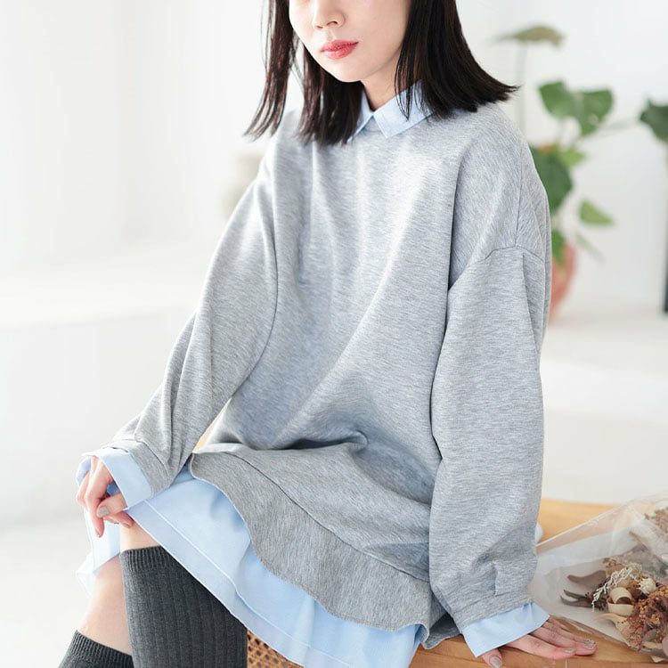 大きいサイズ レディース シャツレイヤードダンボールスウェットミニワンピース