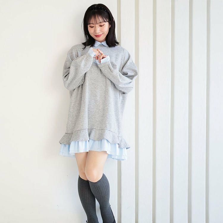 大きいサイズ レディース シャツレイヤードダンボールスウェットミニワンピース