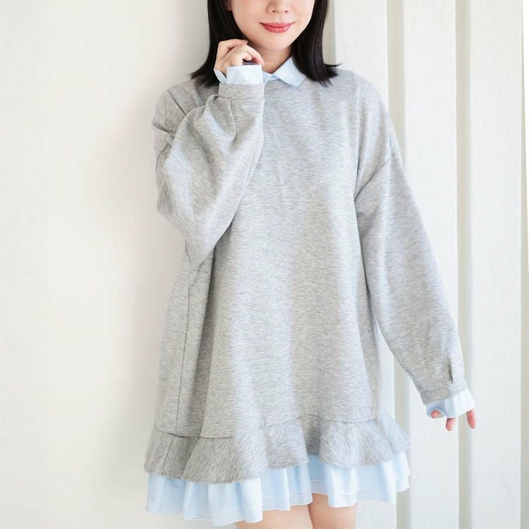 大きいサイズ レディース シャツレイヤードダンボールスウェットミニワンピース