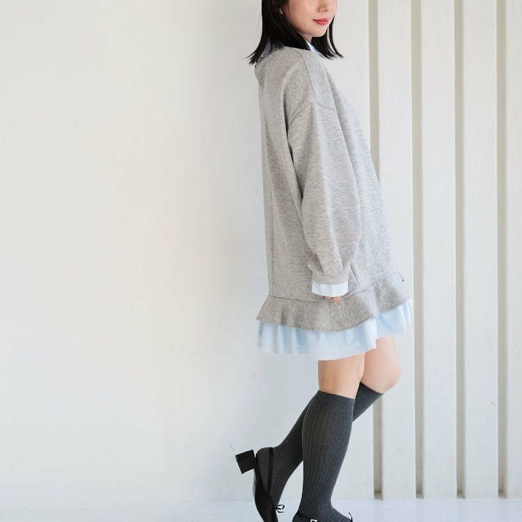 大きいサイズ レディース シャツレイヤードダンボールスウェットミニワンピース