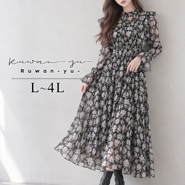 大きいサイズ レディース 花柄シフォンワンピース
