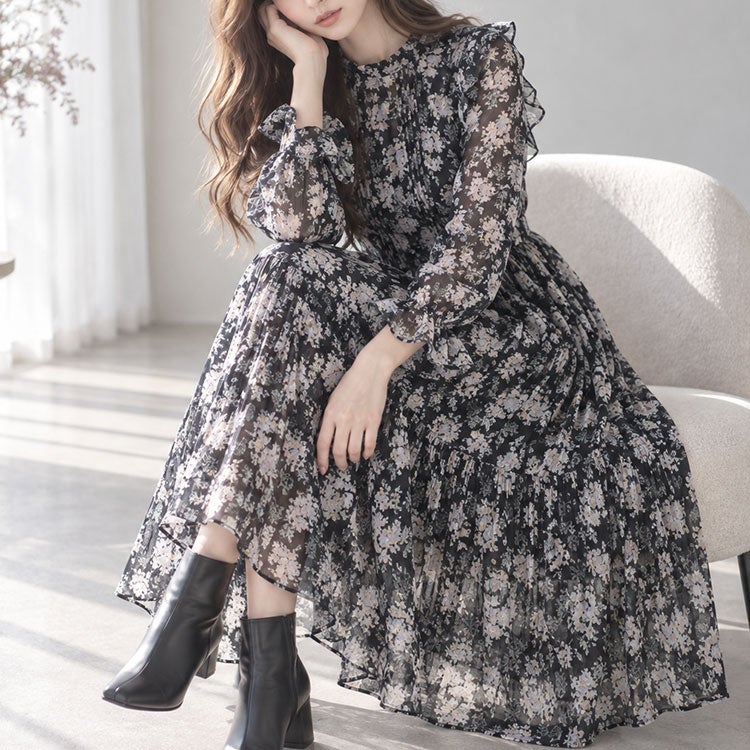 大きいサイズ レディース 花柄シフォンワンピース