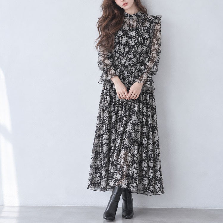 大きいサイズ レディース 花柄シフォンワンピース