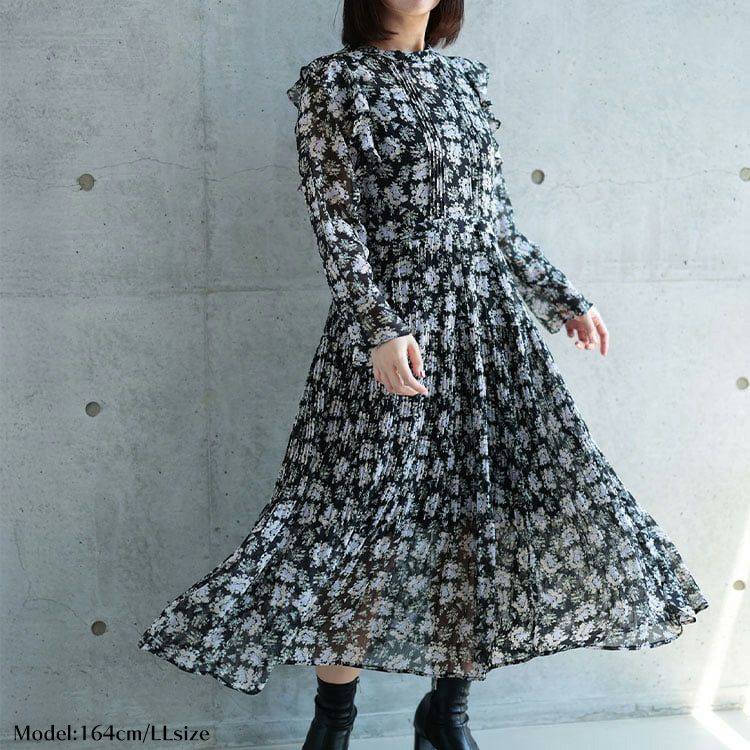 大きいサイズ レディース 花柄シフォンワンピース ブラック