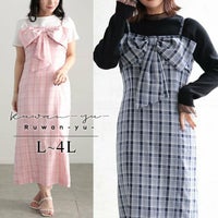 大きいサイズ レディース リボンチェックキャミワンピース