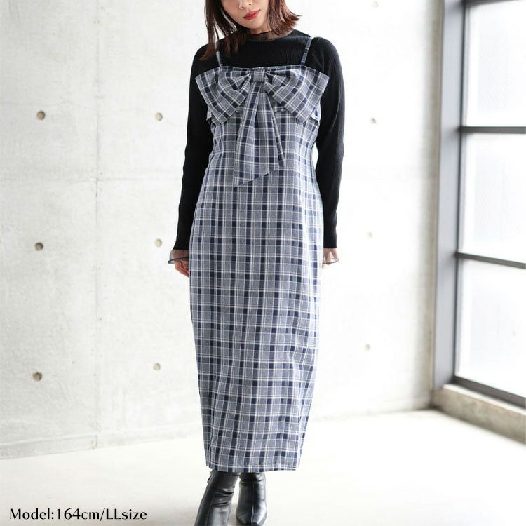 大きいサイズ レディース リボンチェックキャミワンピース