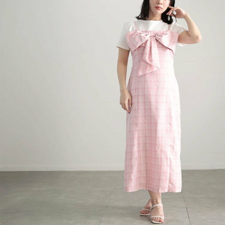 大きいサイズ レディース リボンチェックキャミワンピース