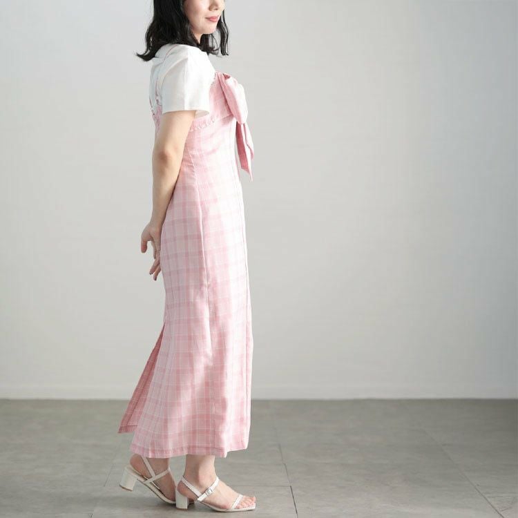 大きいサイズ レディース リボンチェックキャミワンピース