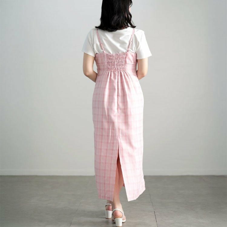 大きいサイズ レディース リボンチェックキャミワンピース