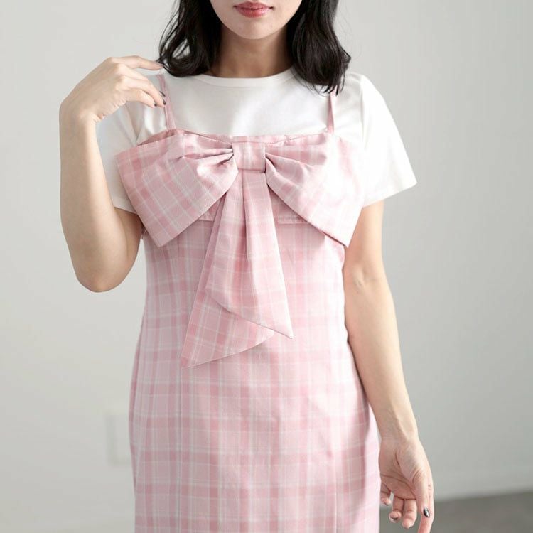 大きいサイズ レディース リボンチェックキャミワンピース