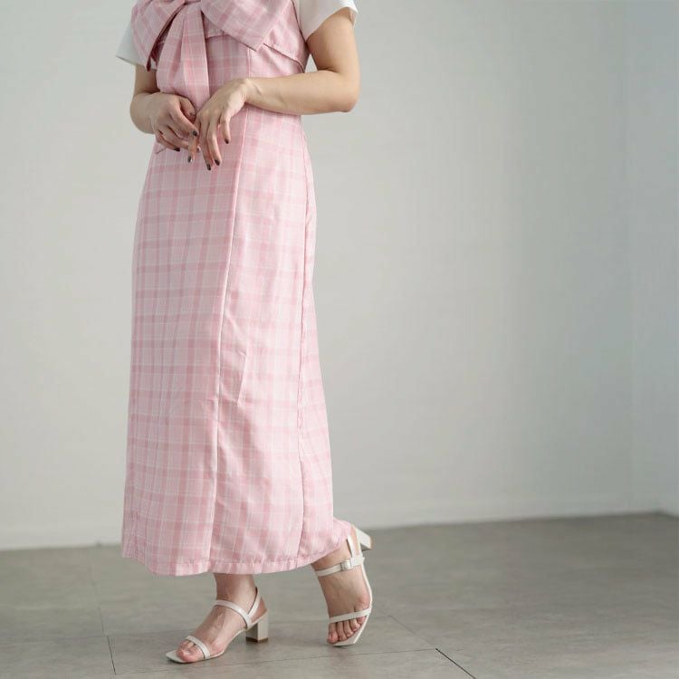 大きいサイズ レディース リボンチェックキャミワンピース