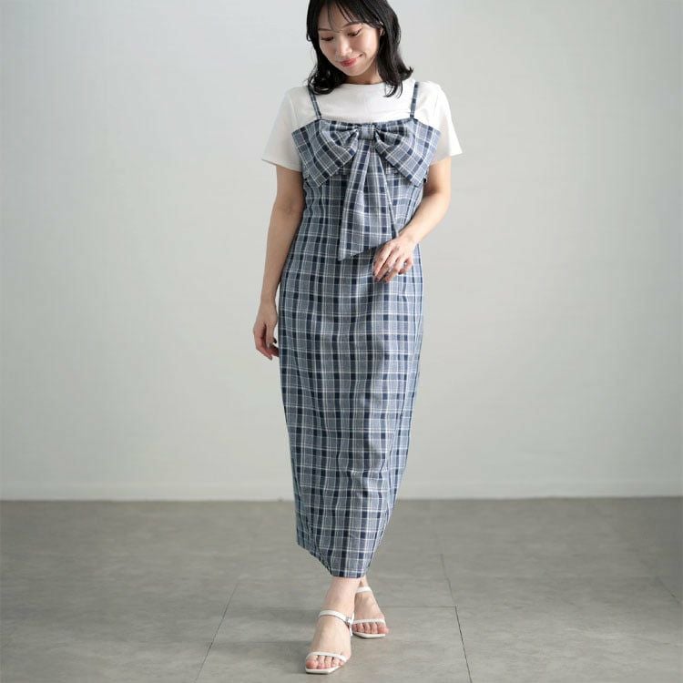 大きいサイズ レディース リボンチェックキャミワンピース