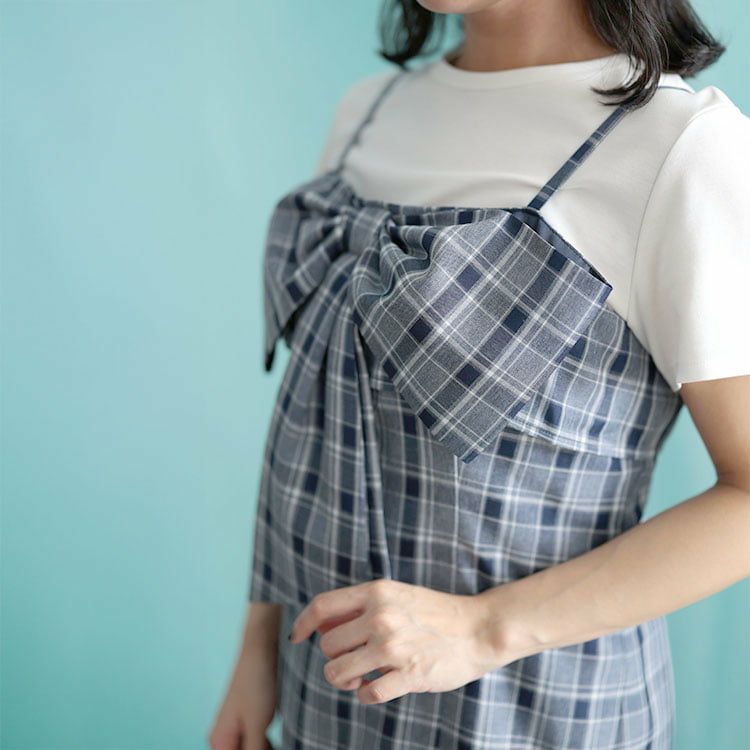 大きいサイズ レディース リボンチェックキャミワンピース