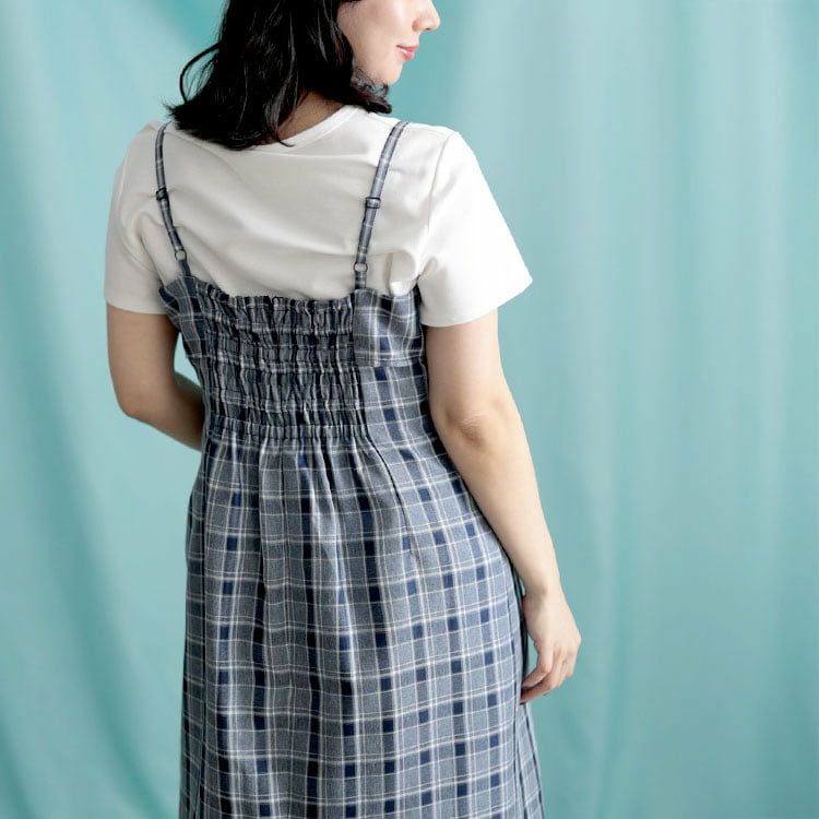 大きいサイズ レディース リボンチェックキャミワンピース