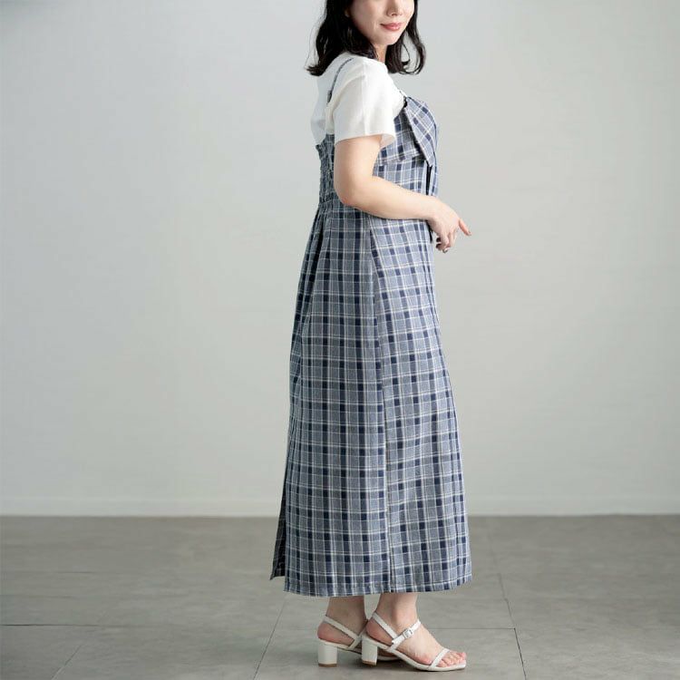 大きいサイズ レディース リボンチェックキャミワンピース