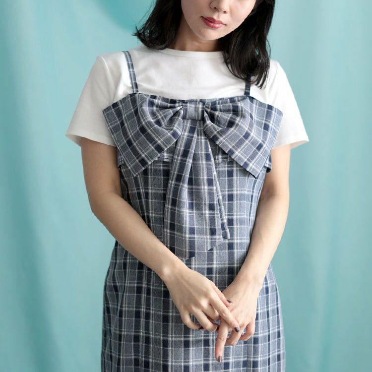 大きいサイズ レディース リボンチェックキャミワンピース