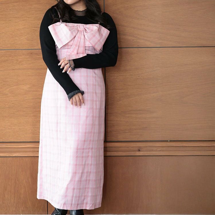 大きいサイズ レディース リボンチェックキャミワンピース ピンク