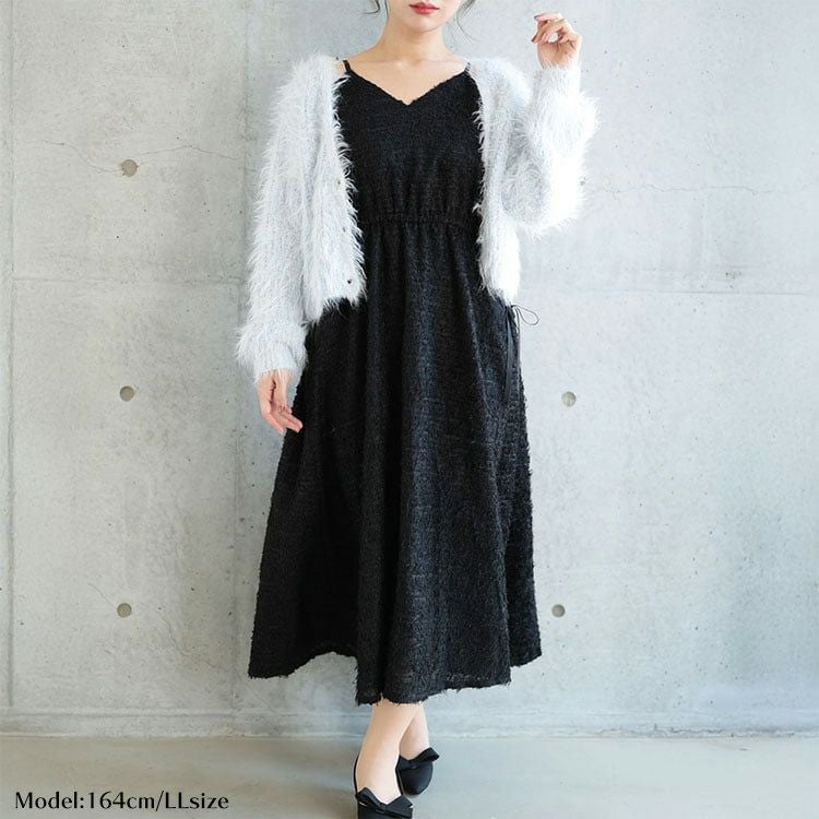 大きいサイズ レディース シャギー調サイドリボンキャミワンピース