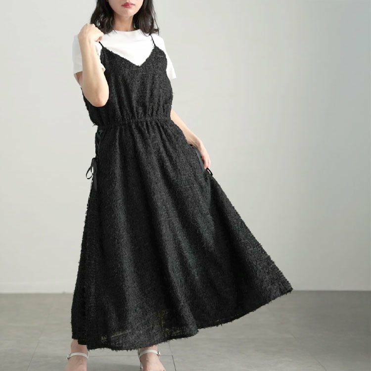 大きいサイズ レディース シャギー調サイドリボンキャミワンピース