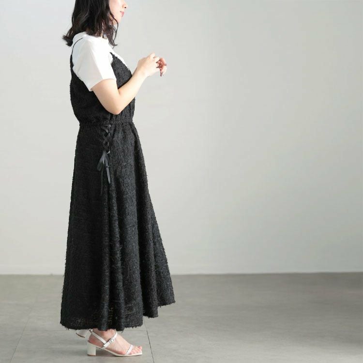 大きいサイズ レディース シャギー調サイドリボンキャミワンピース