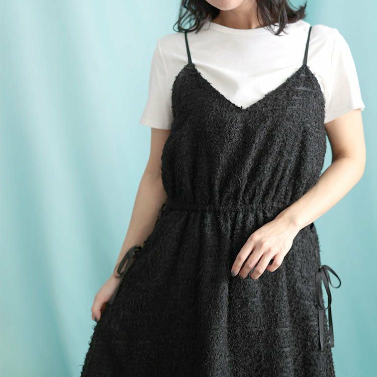 大きいサイズ レディース シャギー調サイドリボンキャミワンピース