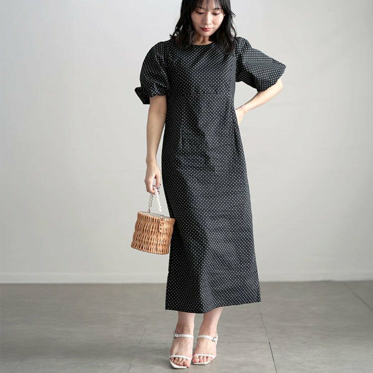 大きいサイズ レディース パフスリーブドットワンピース