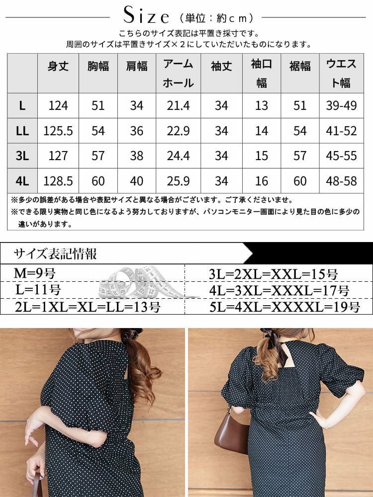 大きいサイズ レディース パフスリーブドットワンピース