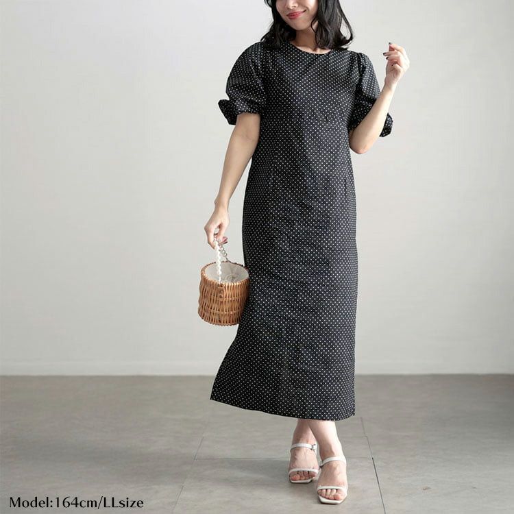 大きいサイズ レディース パフスリーブドットワンピース ブラック