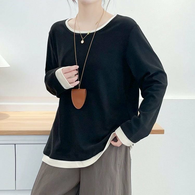 大きいサイズ レディース フェイクレイヤードバイカラートップス