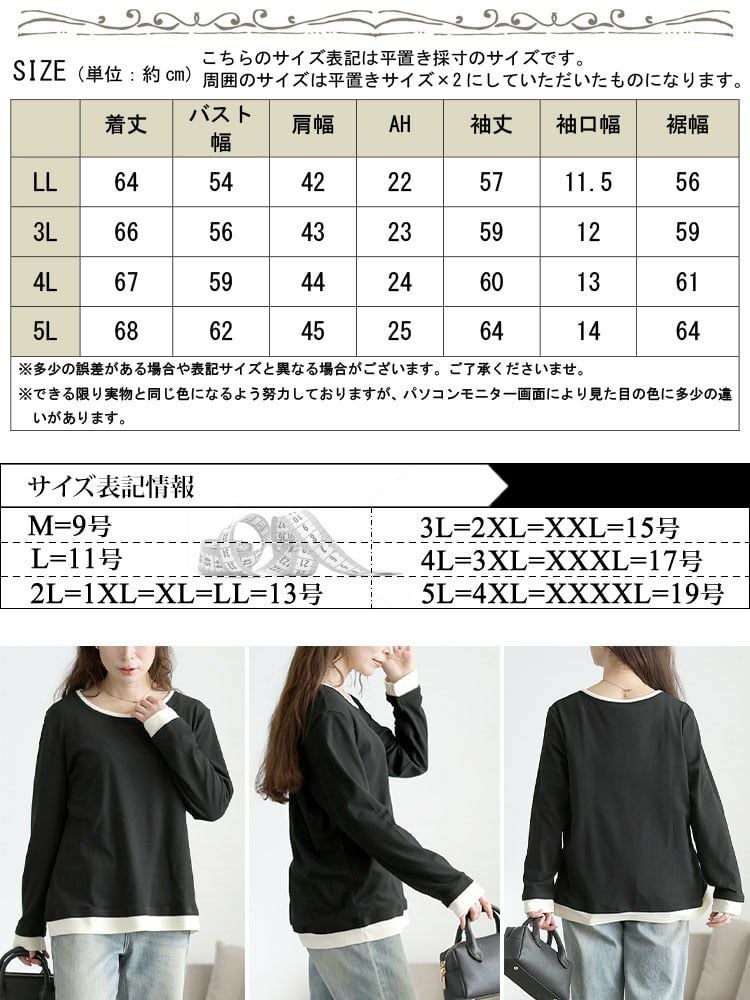 大きいサイズ レディース フェイクレイヤードバイカラートップス