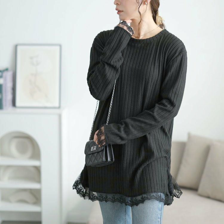 大きいサイズ レディース 裾レースリブチュニック