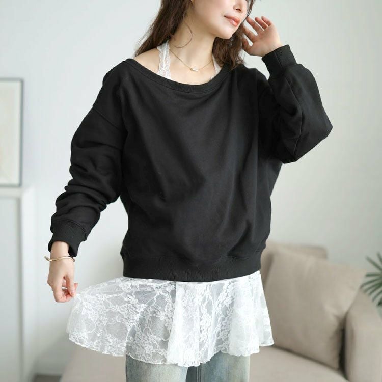 大きいサイズ レディース オフショルスウェット＆ホルターネックレースインナーセット