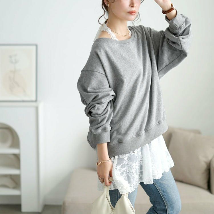 大きいサイズ レディース オフショルスウェット＆ホルターネックレースインナーセット