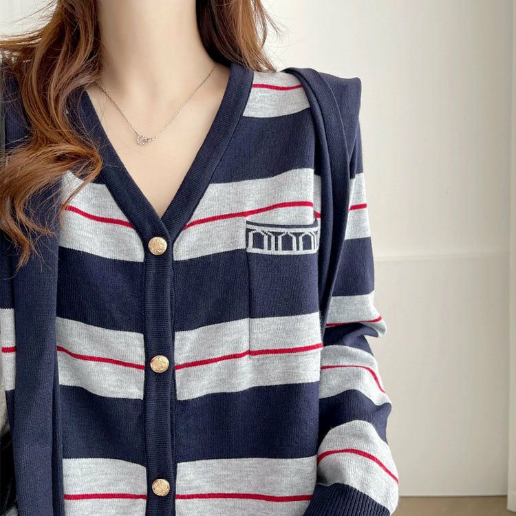 大きいサイズ レディース セーラーストール付きマルチボーダーカーディガン