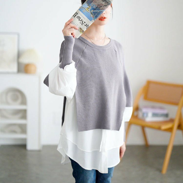 大きいサイズ レディース ティアードシャツドッキングニットチュニック グレー