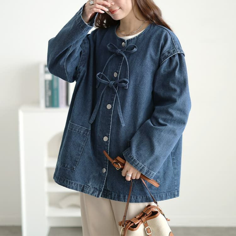 大きいサイズ レディース リボン使いルーズデニムジャケット