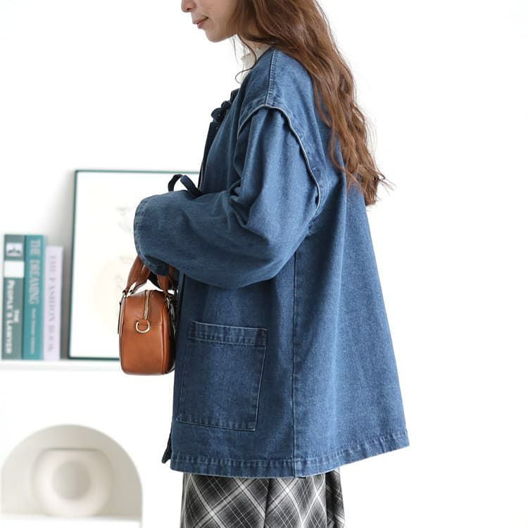 大きいサイズ レディース リボン使いルーズデニムジャケット