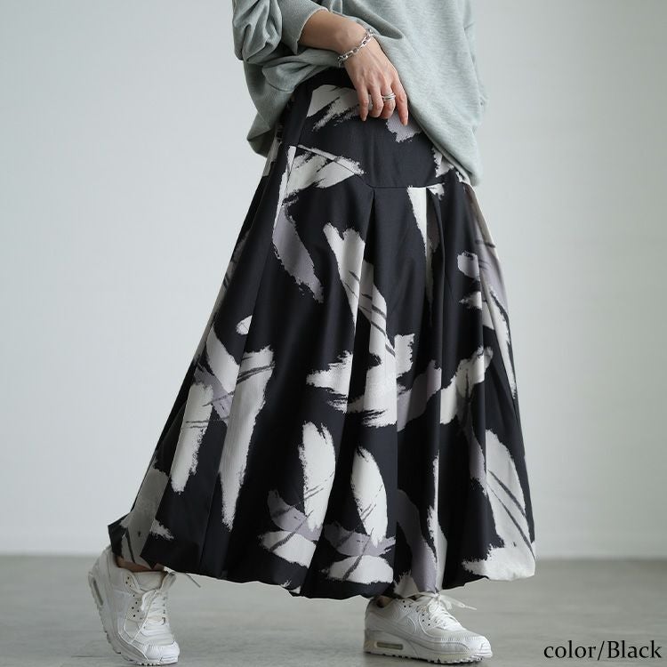 大きいサイズ レディース アート柄タックバルーンスカート